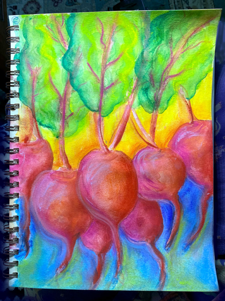 watercolor and soft pastel illustration in watercolor journal