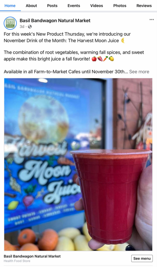 social media post for Harvest Moon Juice