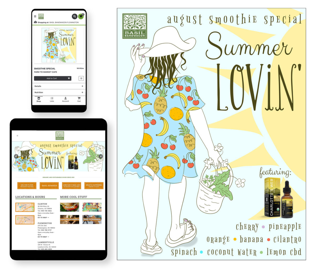 Summer Lovin' poster, website header on iPad, and online order image on iPhone
