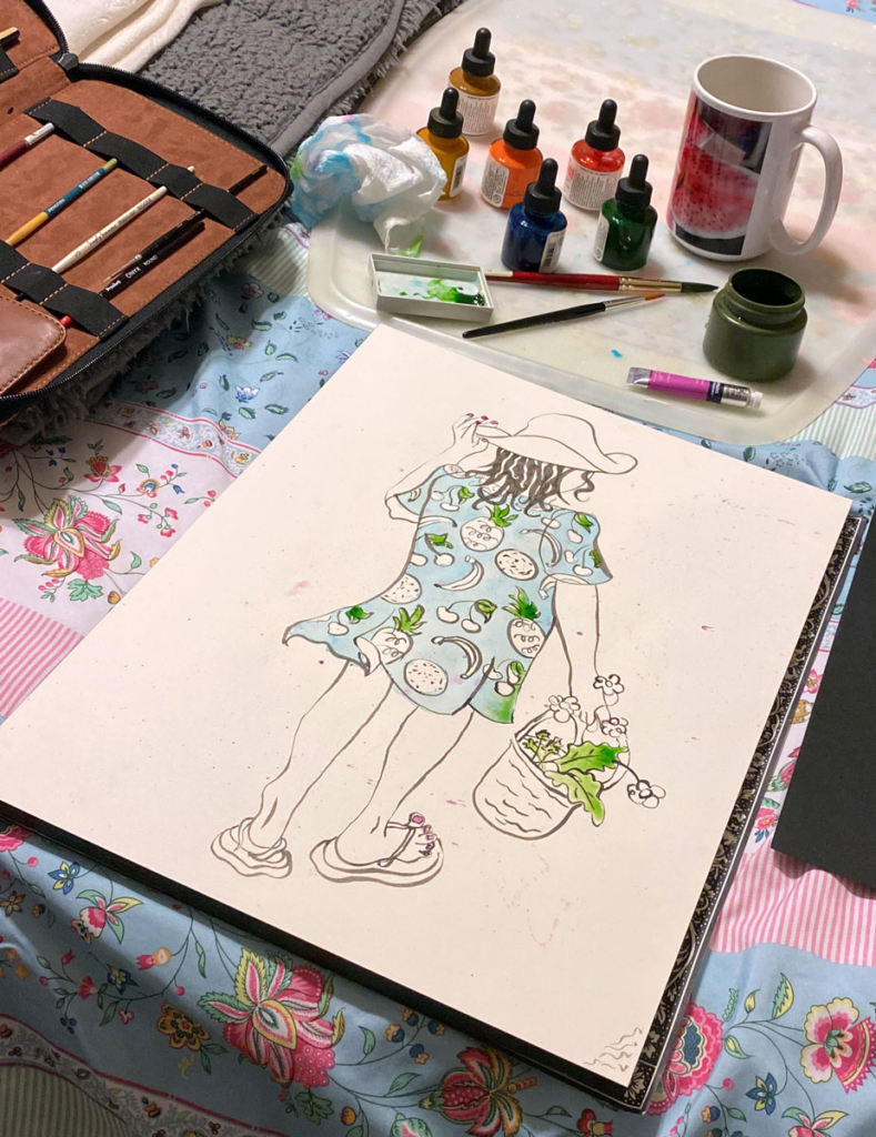 work in progress: Summer Lovin' illustration in watercolor journal with art supplies